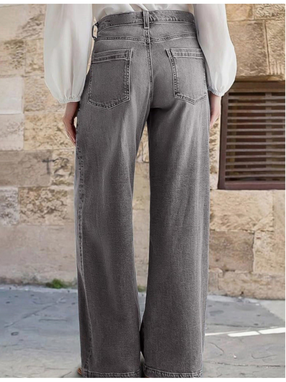 FLAMINGALS Women's Grey Wide Leg Jeans High Rise Button Fly Stretch Denim L - Picture 2 of 7